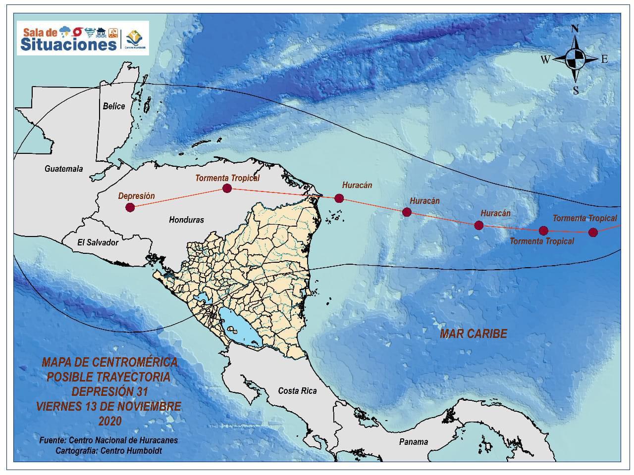Cartografía de la trayectoria de la tormenta tropical Iota